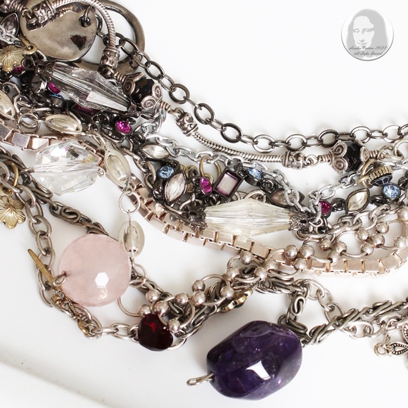 Chunky Necklace Multi-chain Quartz Crystals Charms Upcycled Artisan OOAK - Picture 6 of 9